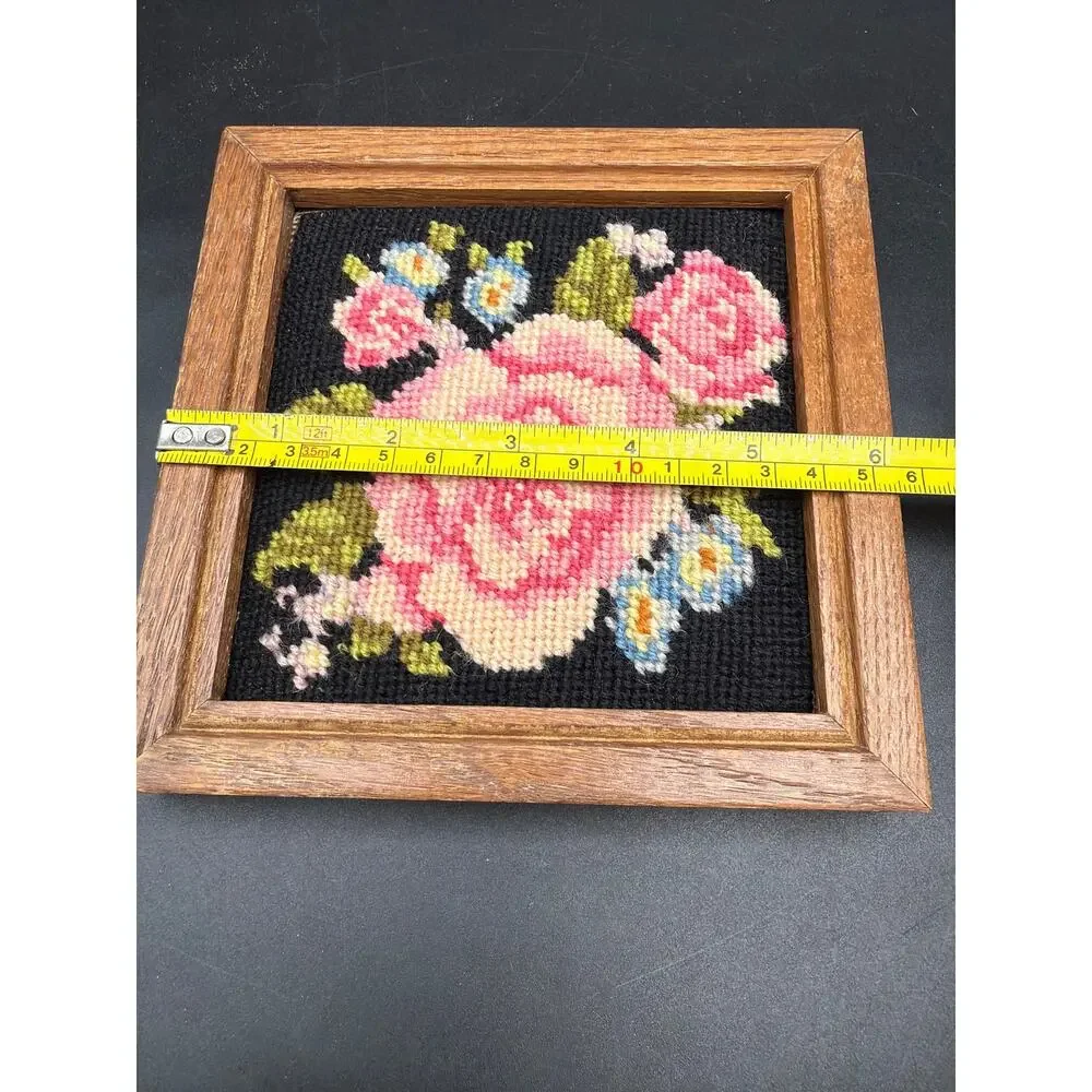 Vintage Framed Pink Rose Needlepoint Floral Wall Art Black Background 6.25”